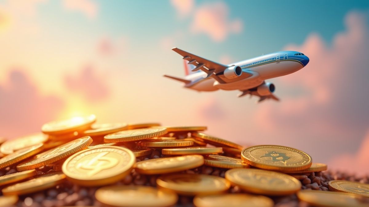 Een stapel gouden munten met een futuristisch vliegtuig dat er boven vliegt.