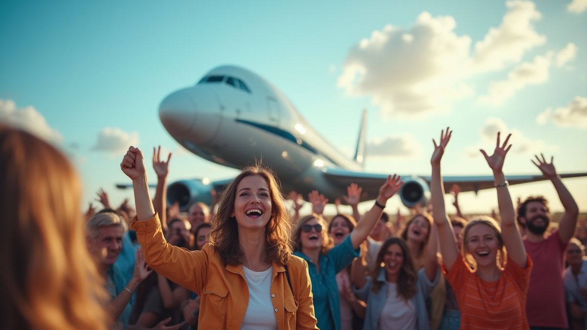 Groep mensen die juichen bij een futuristisch vliegtuig.