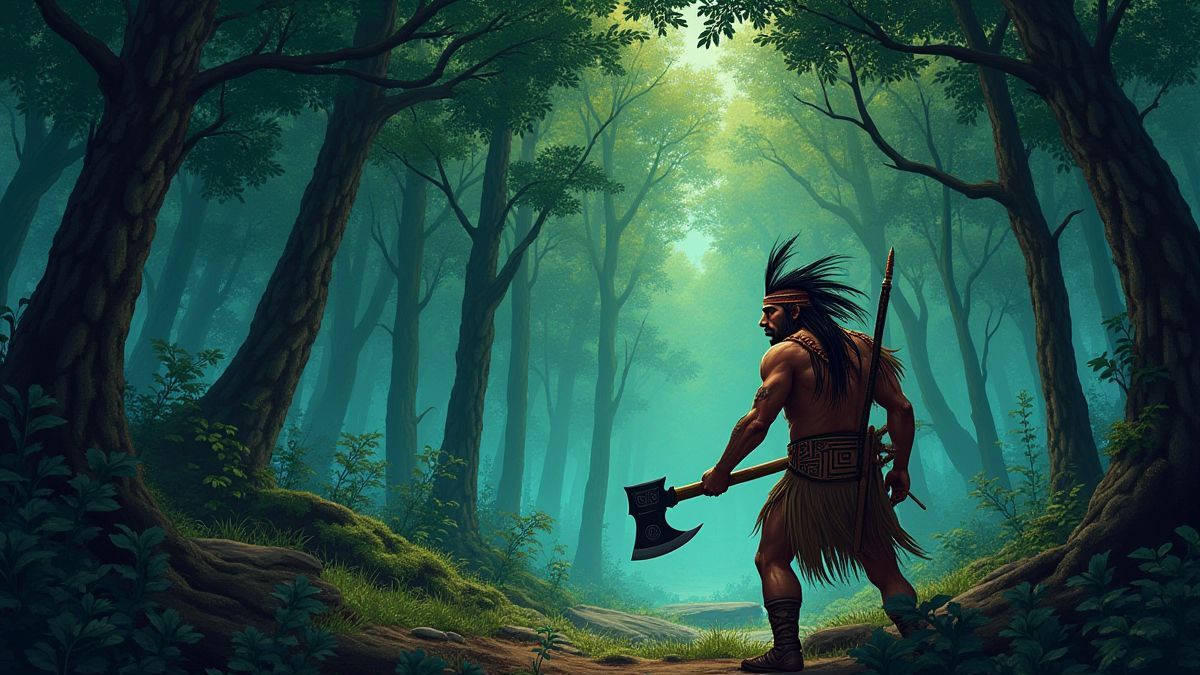 Un bosque denso con un guerrero nativo americano y decoraciones tribales.