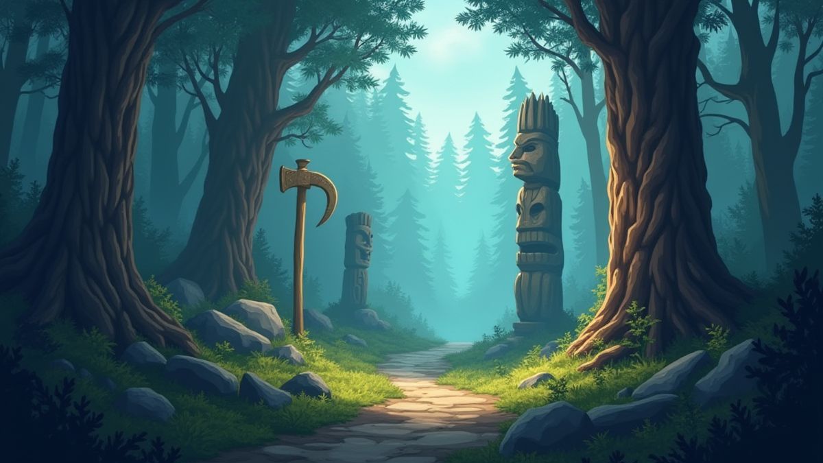 Símbolos tribales como tótems y hachas en un entorno místico.