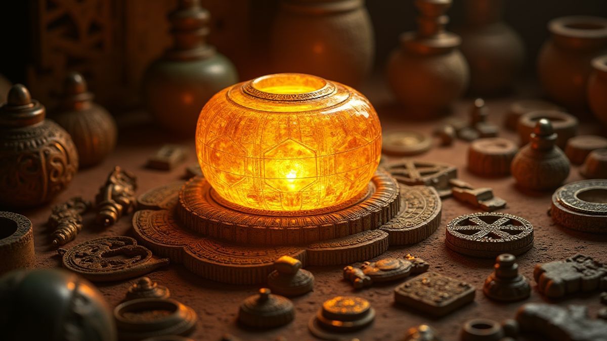 Shining golden artifact surrounded by Aztec jewelry.