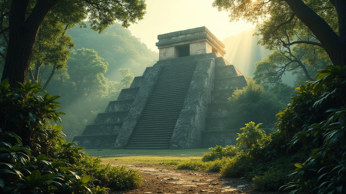 Aztec temple surrounded by jungle with rays of sunlight illuminating it.