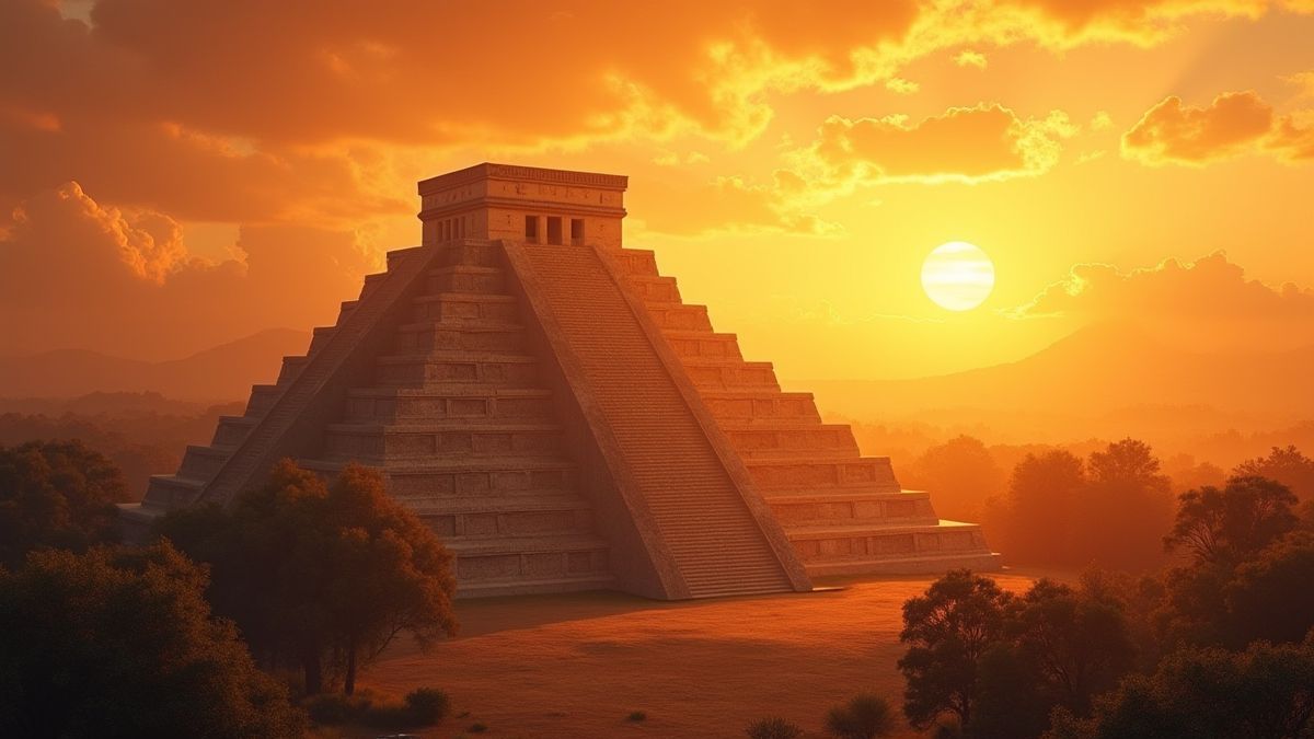 Pirámide azteca al atardecer con tonos dorados