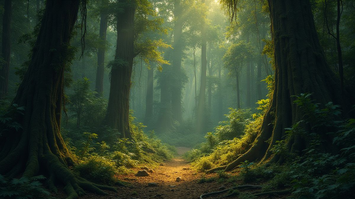 Jungla densa con artefactos dorados entre los árboles