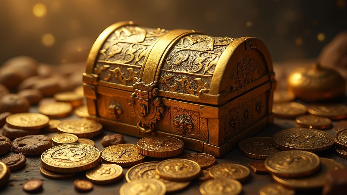 Cofre del tesoro dorado rodeado de monedas antiguas
