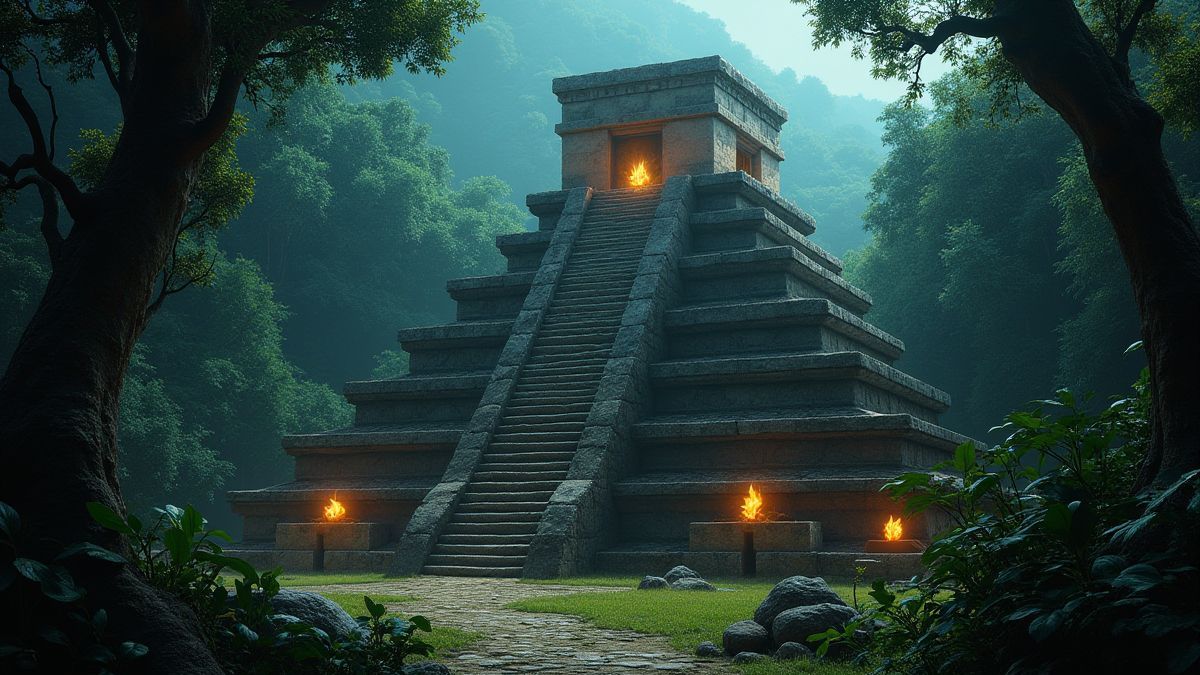 Azteken-Tempel umgeben von Dschungel mit leuchtenden Artefakten.