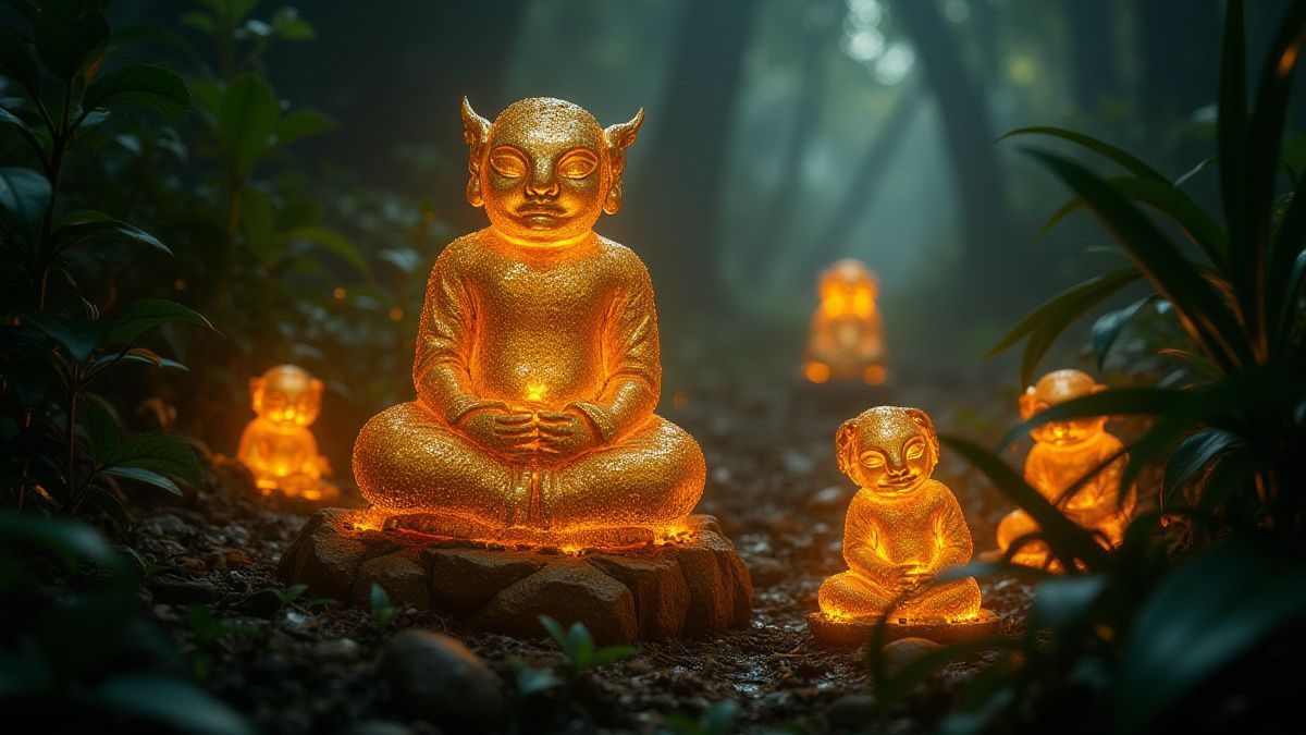 Goldene Idole, die in einer mystischen Dschungelumgebung leuchten.