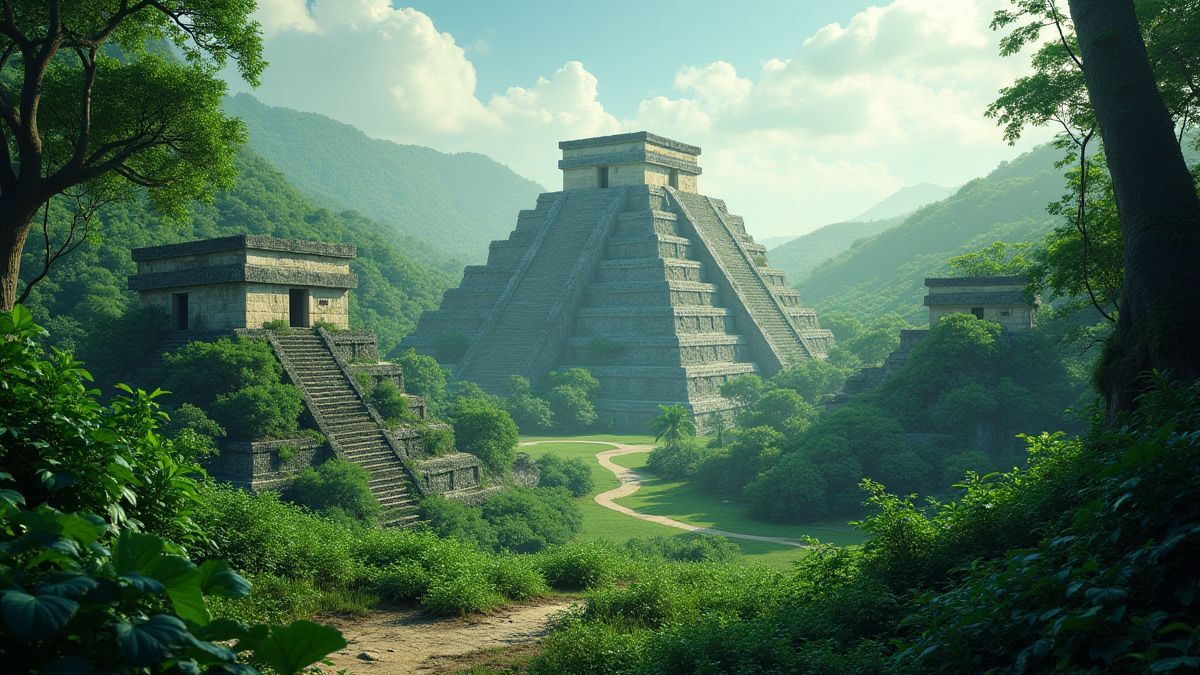 Una jungla azteca con pirámides rodeadas de vegetación.