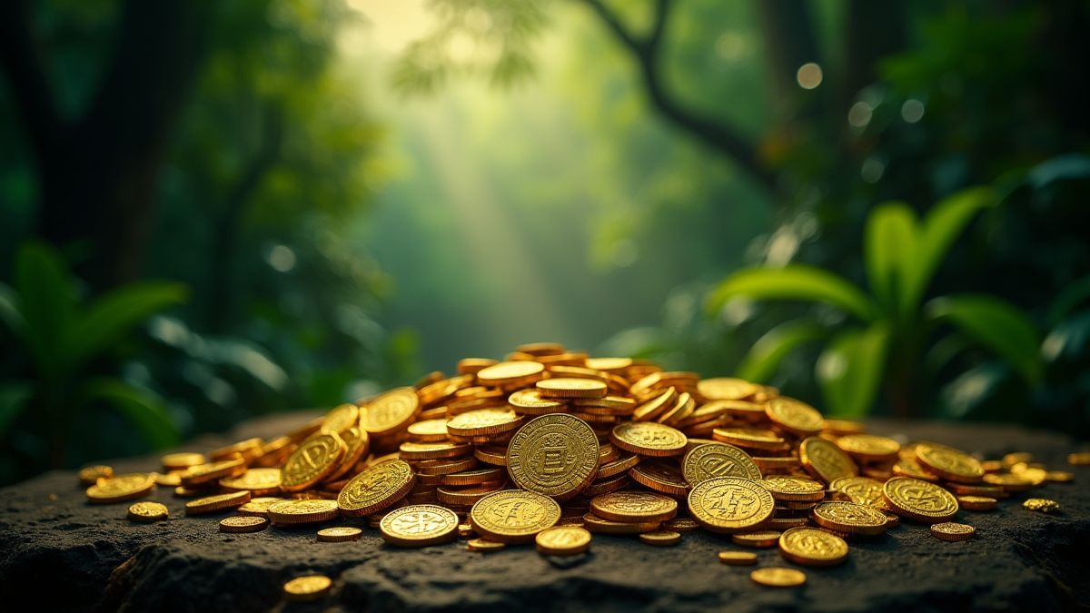 Monedas doradas y símbolos aztecas en una jungla mística.