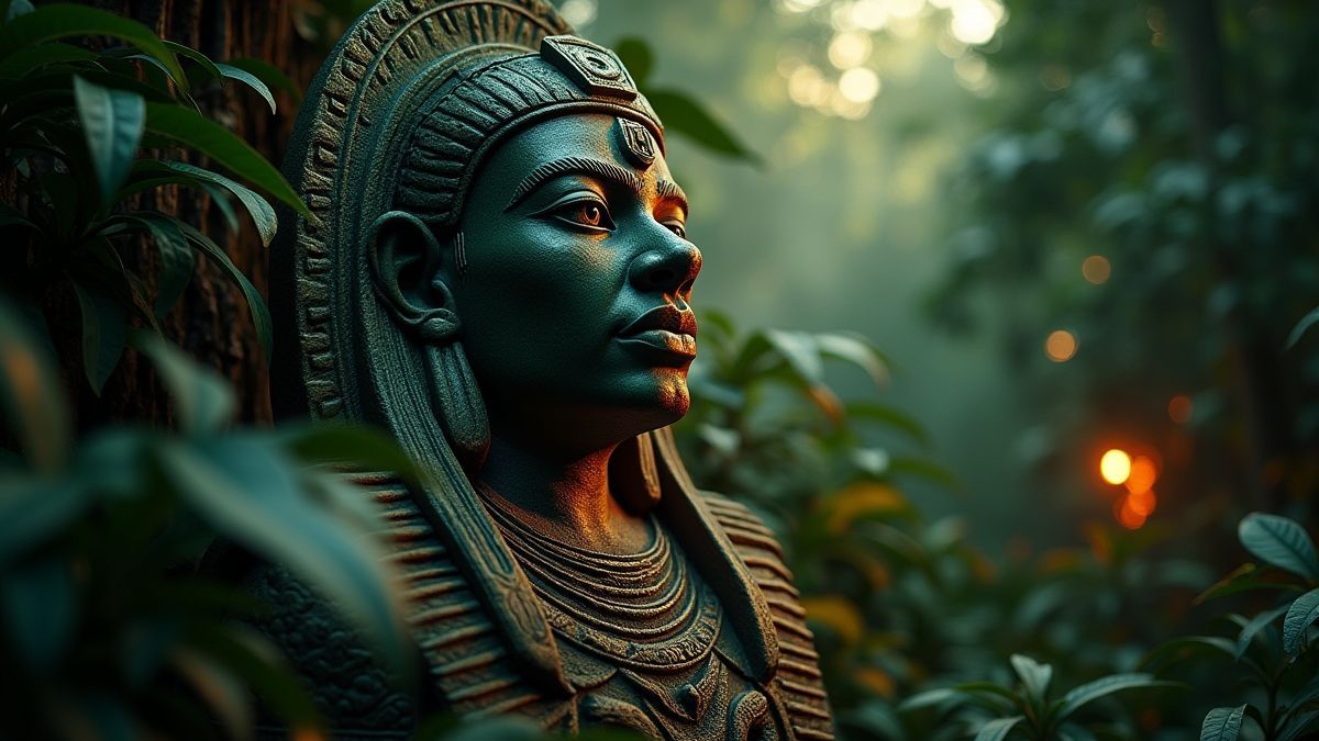 Statue aztèque entourée de végétation lumineuse.