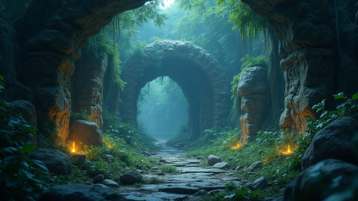 Jungle avec pierres lumineuses et sculptures anciennes.