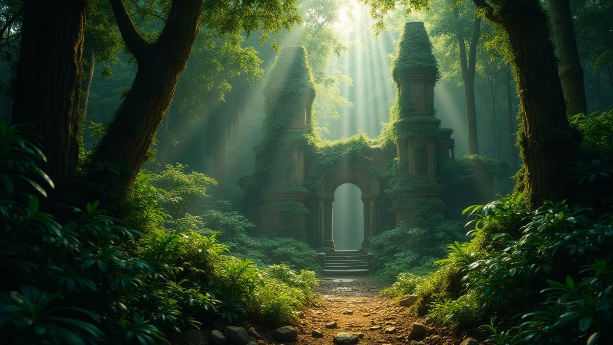 Ancient ruins in a jungle with golden treasures.