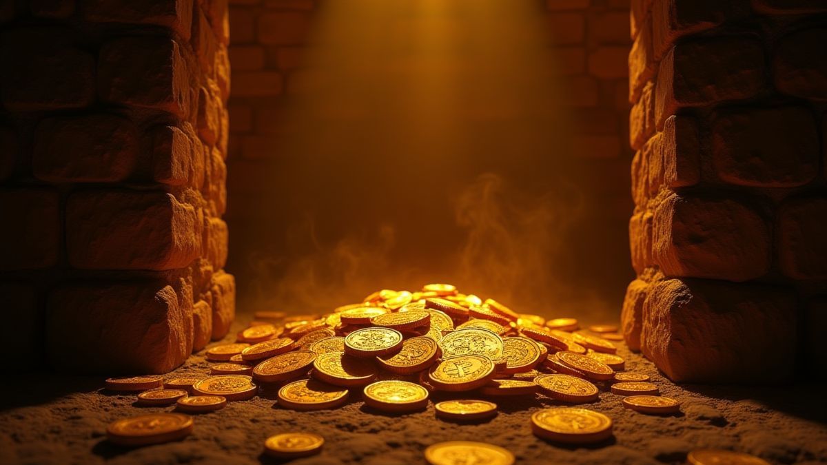 Golden coins and treasures glowing in an Aztec chamber.