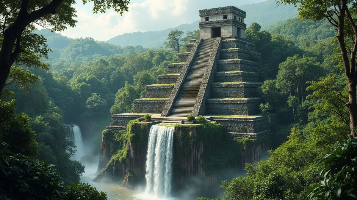 Aztekischer Tempel umgeben von Dschungelvegetation und Wasserfällen.