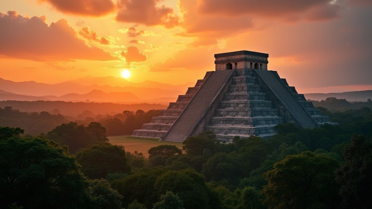 Pyramide aztèque entourée de jungle au coucher du soleil.