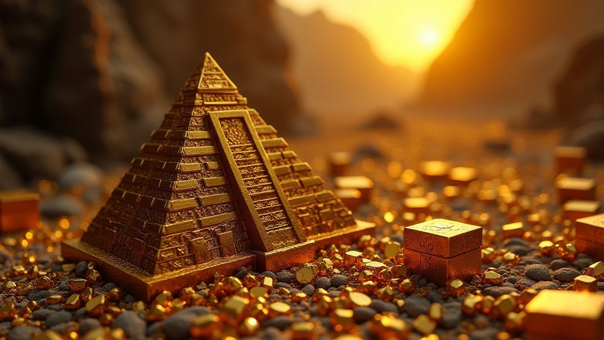 Trésors dorés et gemmes sur une pyramide aztèque.