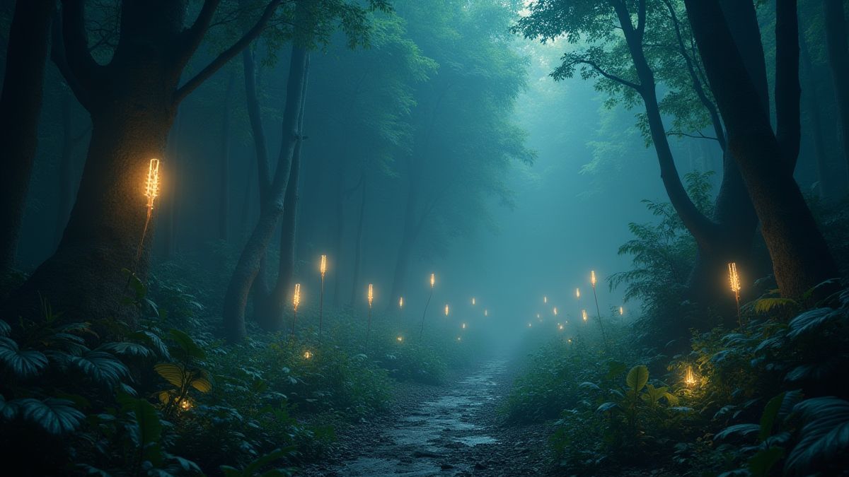 Jungle mystique avec des symboles brillants dans l'air.