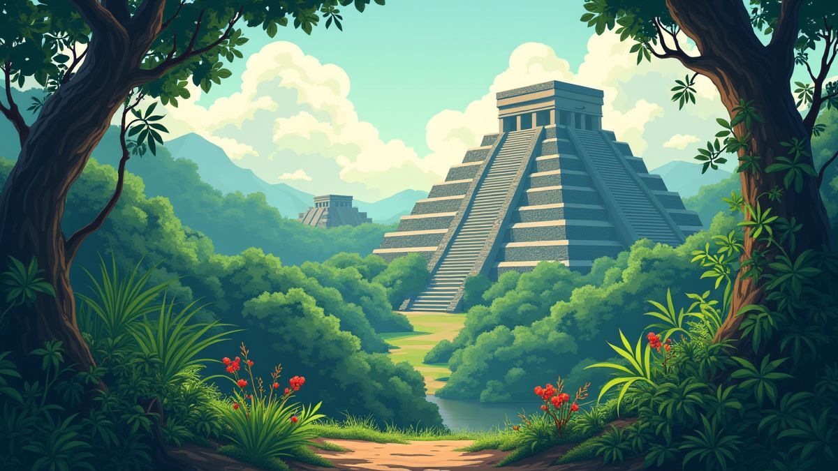 Eine aztekische Dschungel mit Pyramiden und exotischen Pflanzen.