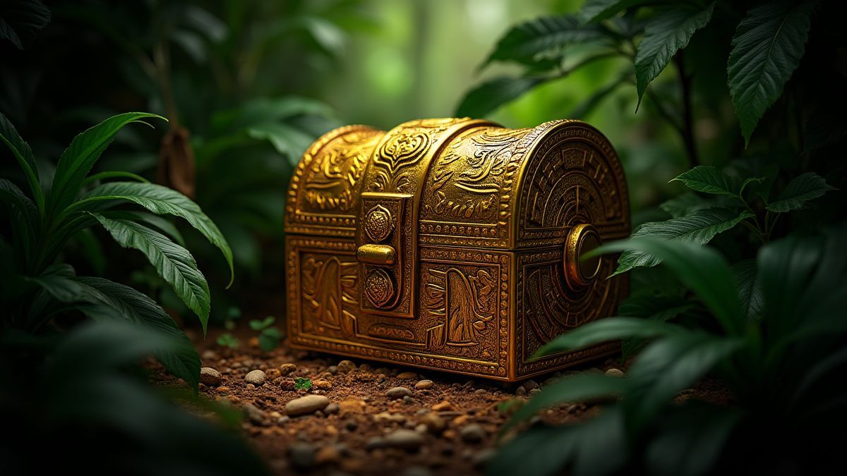 Un cofre del tesoro dorado azteca rodeado de flora selvática.