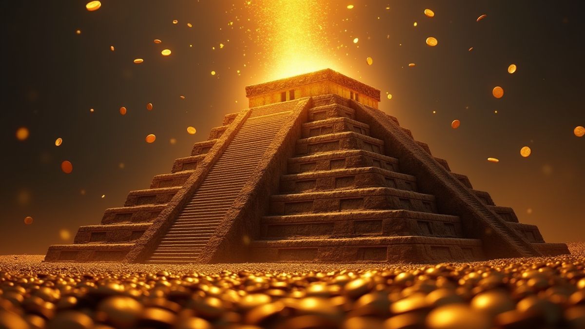 Pirámide azteca con monedas de oro brillantes cayendo desde la cima.