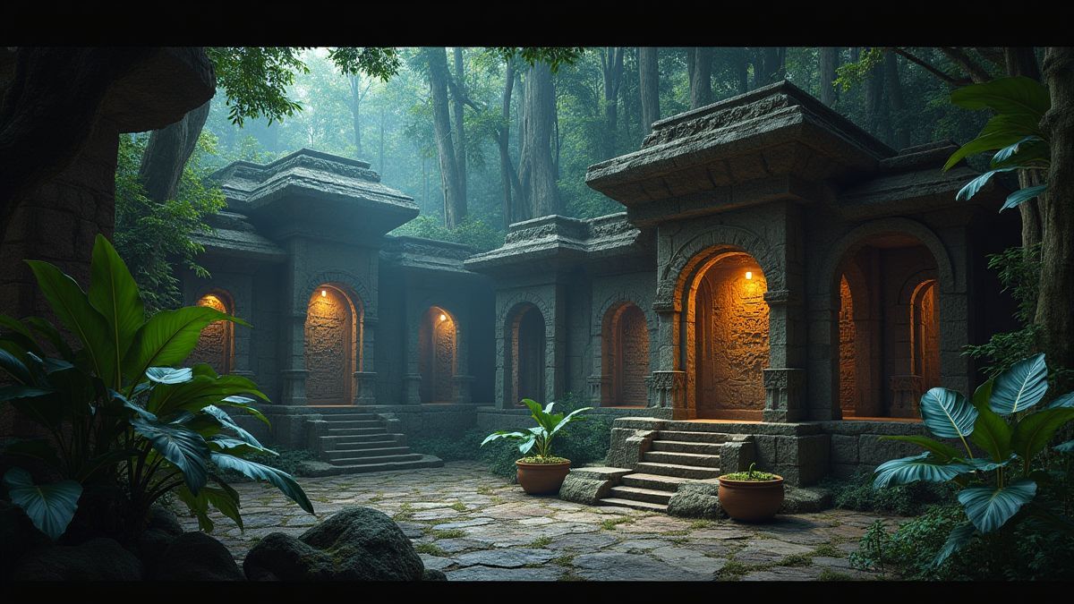Tallados en piedra azteca en un entorno selvático con iluminación mística.