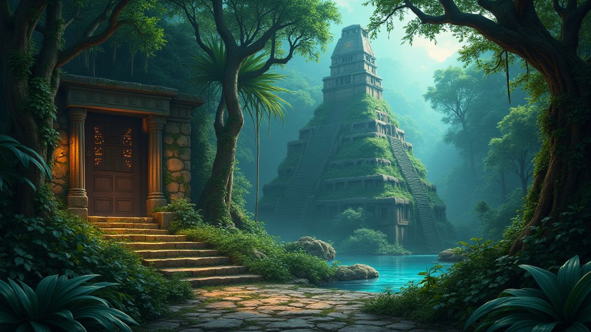 Una jungla azteca con estructuras antiguas y símbolos místicos brillantes.