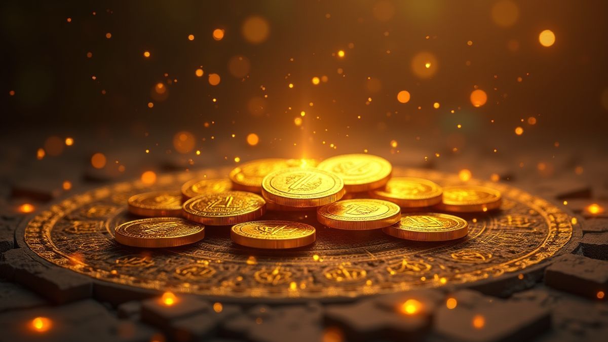 Monedas doradas y símbolos brillantes sobre un fondo azteca antiguo.