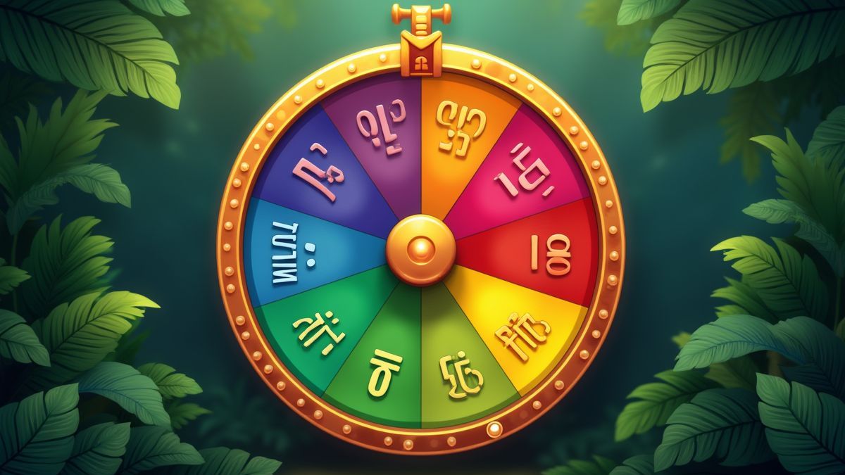 Roda da fortuna com prêmios e multiplicadores em um ambiente selvático.