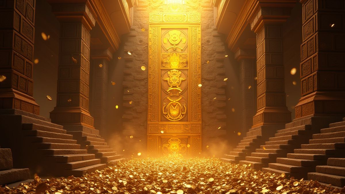 Símbolos caindo como cascatas em um templo asteca cheio de ouro.