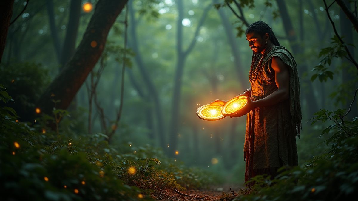 Um sacerdote asteca segurando discos luminosos em uma selva mística.