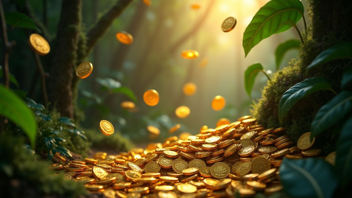 Golden coins falling in a mystical jungle.