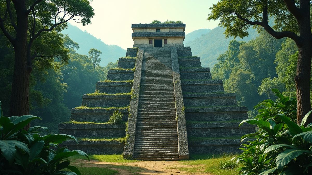 Templo azteca rodeado de exuberante jungla.