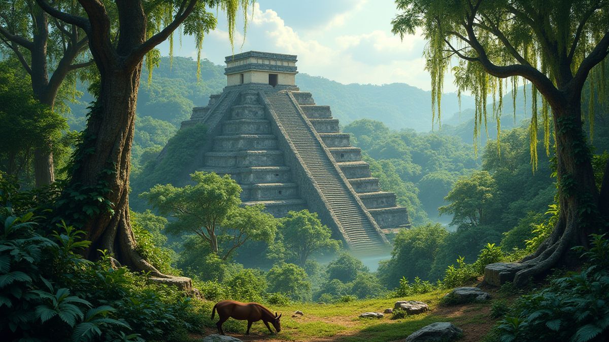 Una jungla frondosa con templos aztecas y fauna salvaje.