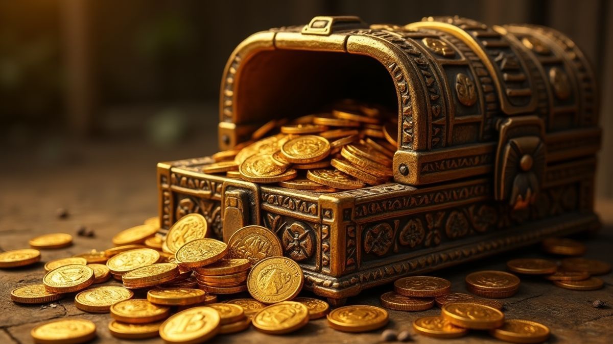 Monedas doradas saliendo de un cofre azteca antiguo.