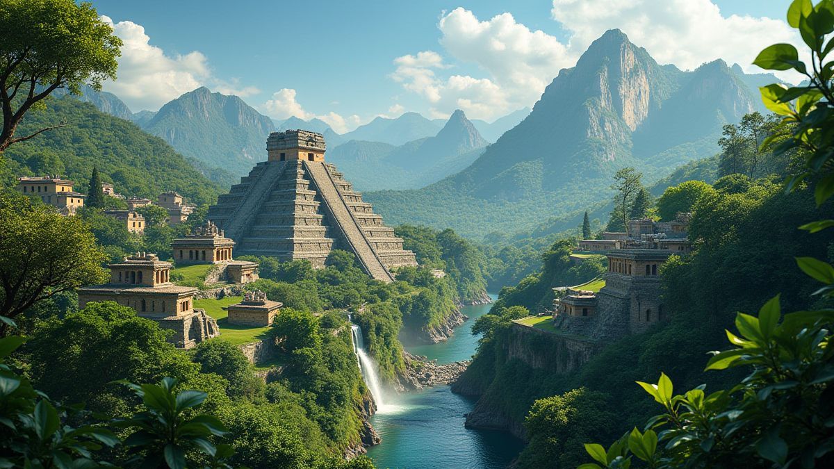 Una ciudad azteca vibrante rodeada de vegetación y cascadas.