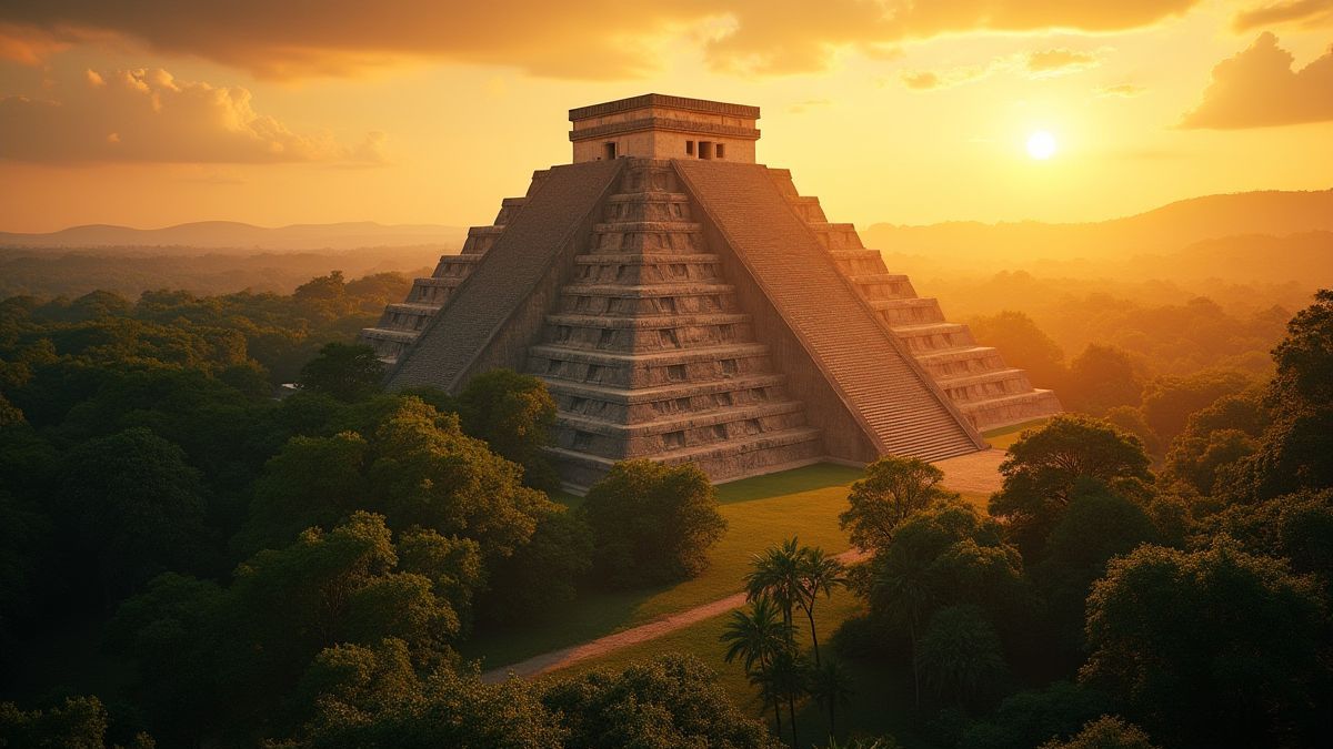 Pyramide aztèque entourée de jungle sous un coucher de soleil doré.