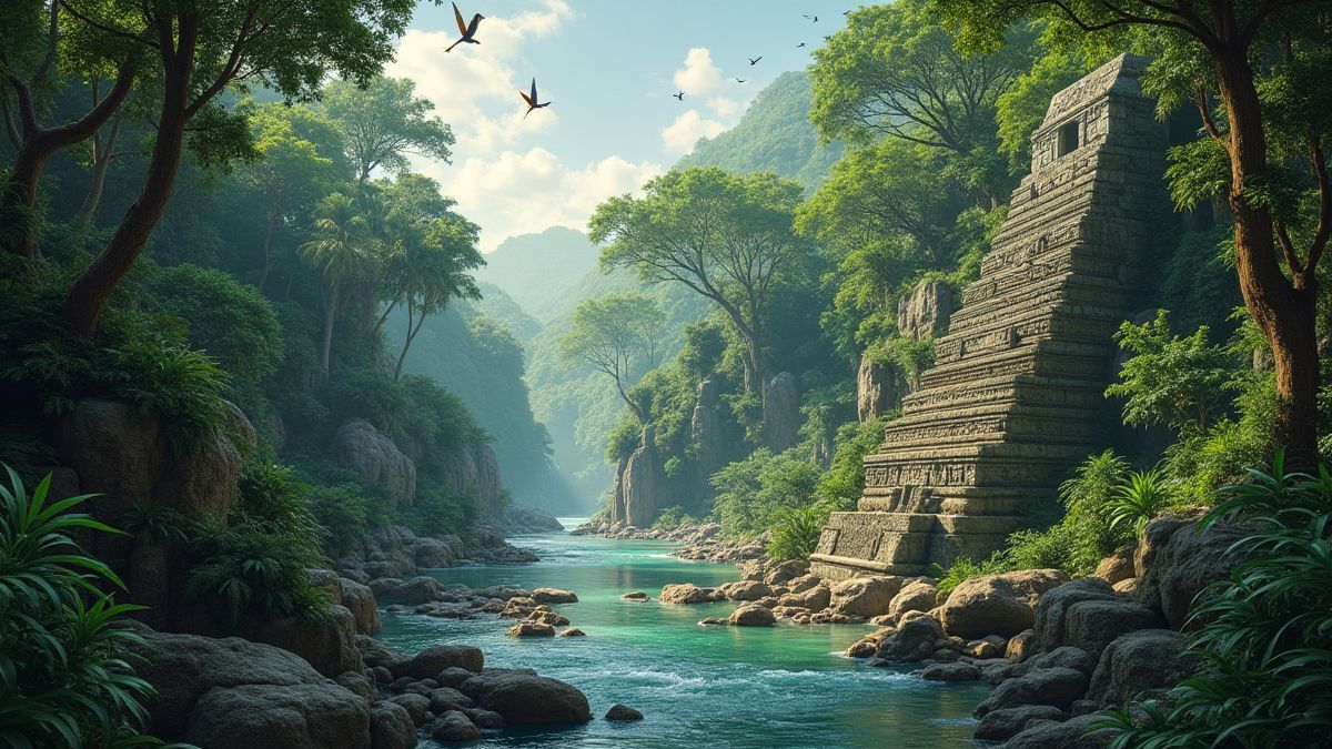 Un paysage tropical avec des oiseaux exotiques et des sculptures en pierre aztèques.