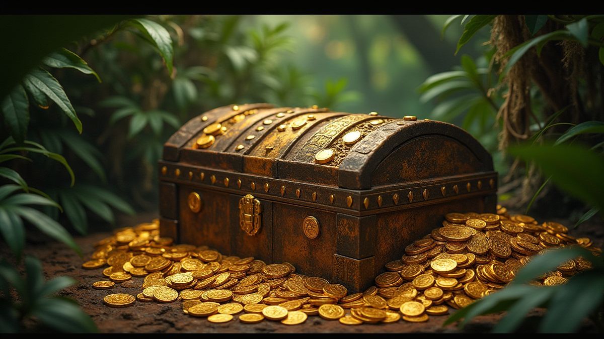 Un coffre au trésor entouré de pièces d'or et d'artefacts aztèques.