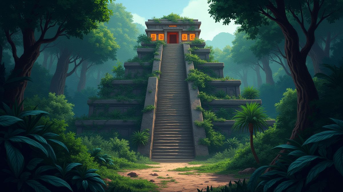 Ein aztekischer Tempel umgeben von Dschungel und leuchtenden Symbolen.