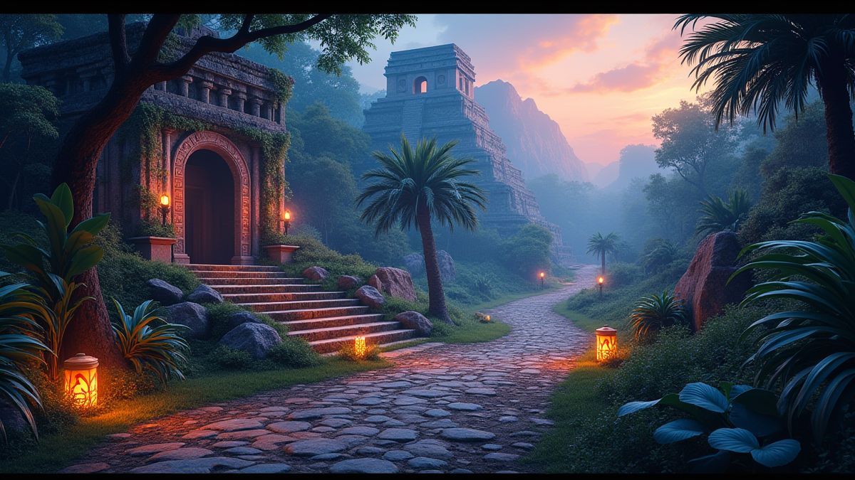 Bunte Kulisse des aztekischen Dschungels mit antiken Ruinen und leuchtenden Elementen.