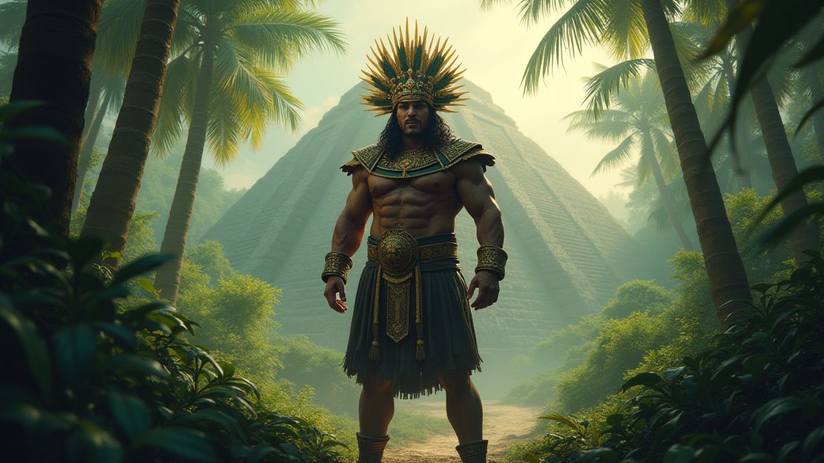 Un roi aztèque dans une jungle mystique avec des pyramides en arrière-plan.