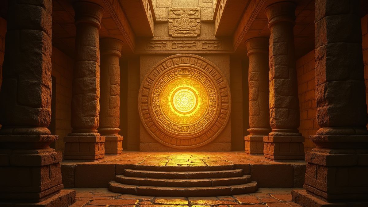 Un médaillon doré brillant dans un temple aztèque.
