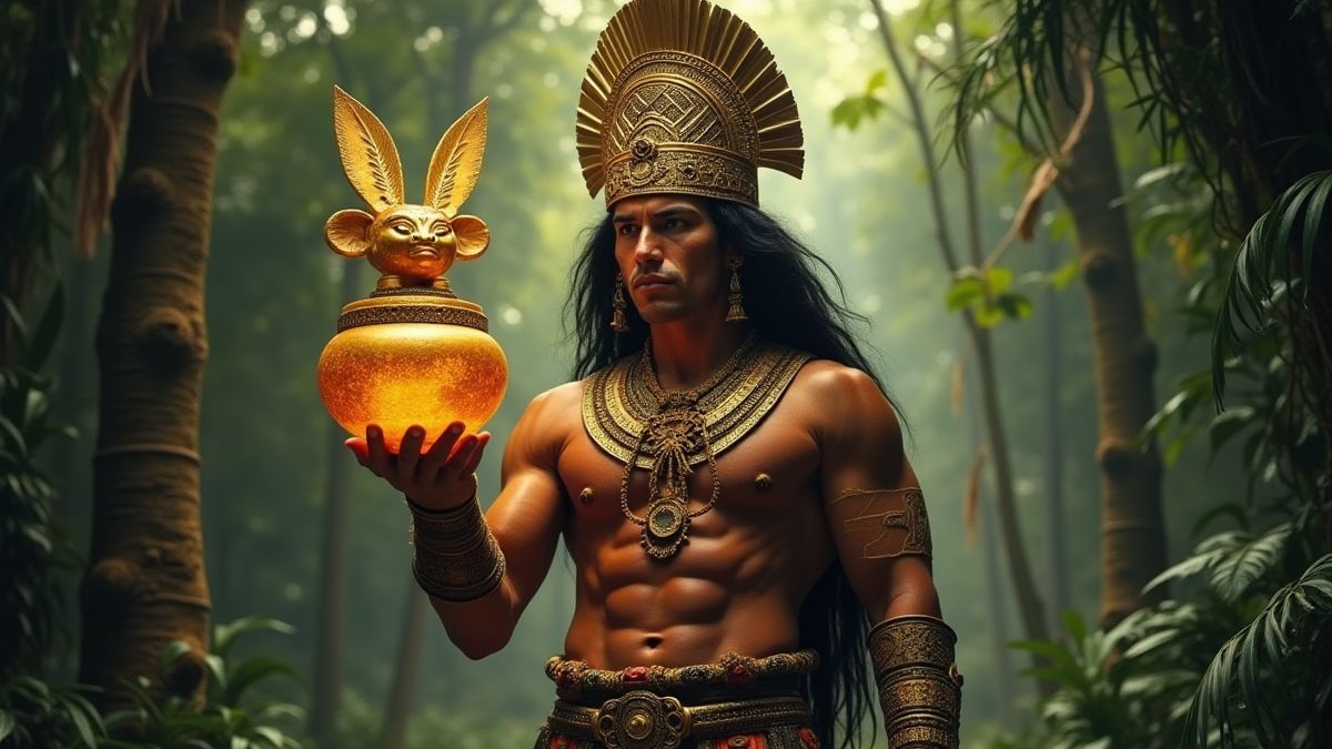 Aztec warrior holding a golden artifact with jungle backdrop.