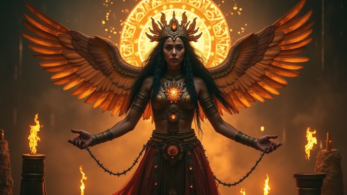 Aztec priestess surrounded by glowing symbols and ancient artifacts.