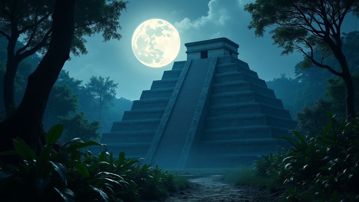 Pirámide azteca iluminada por la luna
