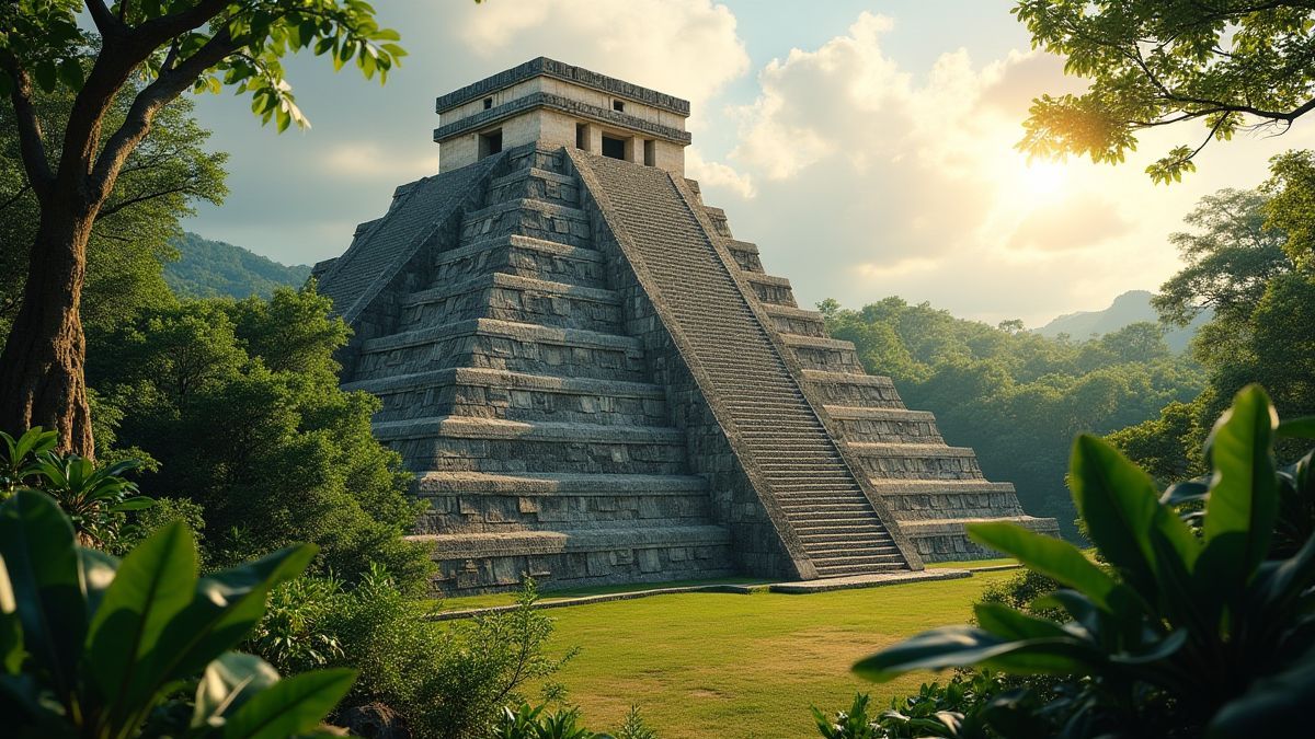 Uma pirâmide asteca entre a selva sob uma luz radiante.