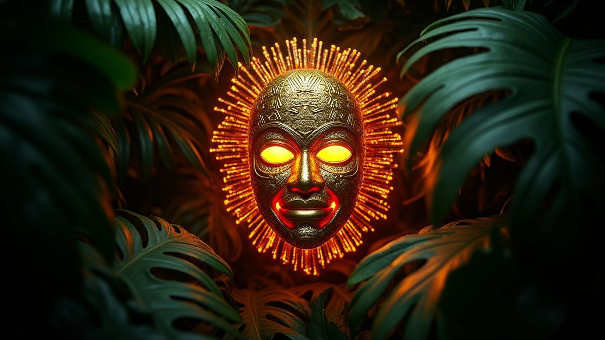 Uma máscara asteca dourada rodeada de folhas de selva.