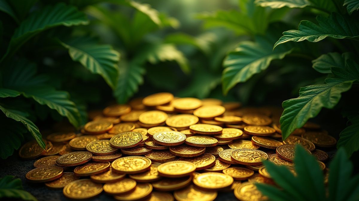 Um montão de moedas de ouro rodeadas de plantas de selva.