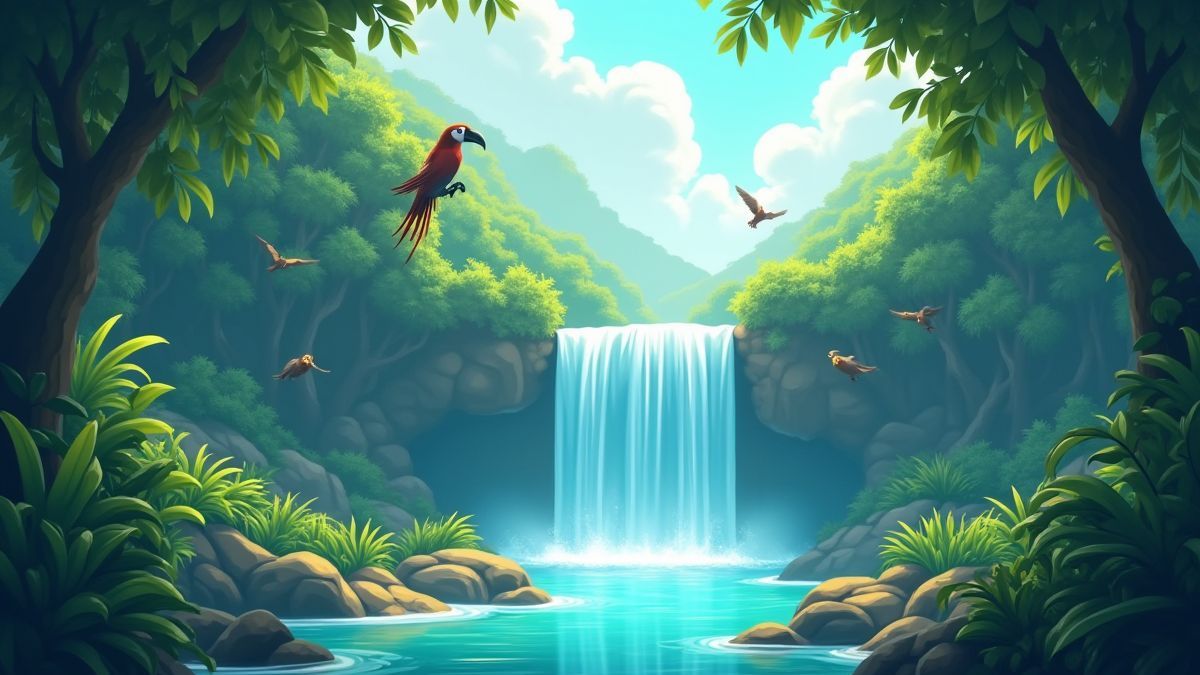 Cena de uma jungla com aves exóticas e uma cascata cristalina.