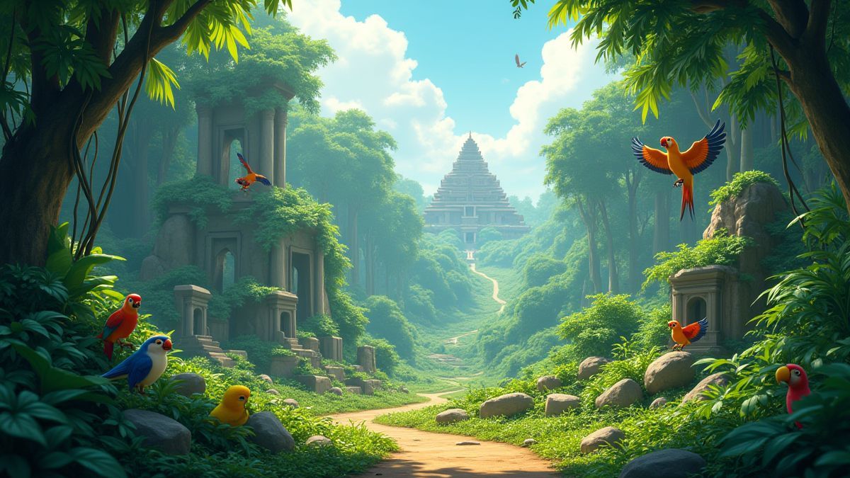 Une selva animée avec ruines anciennes et faune colorée.